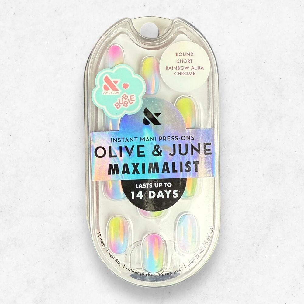 Olive & June Maximalist Press-On Nails Rainbow Aura Chrome Round Short New
